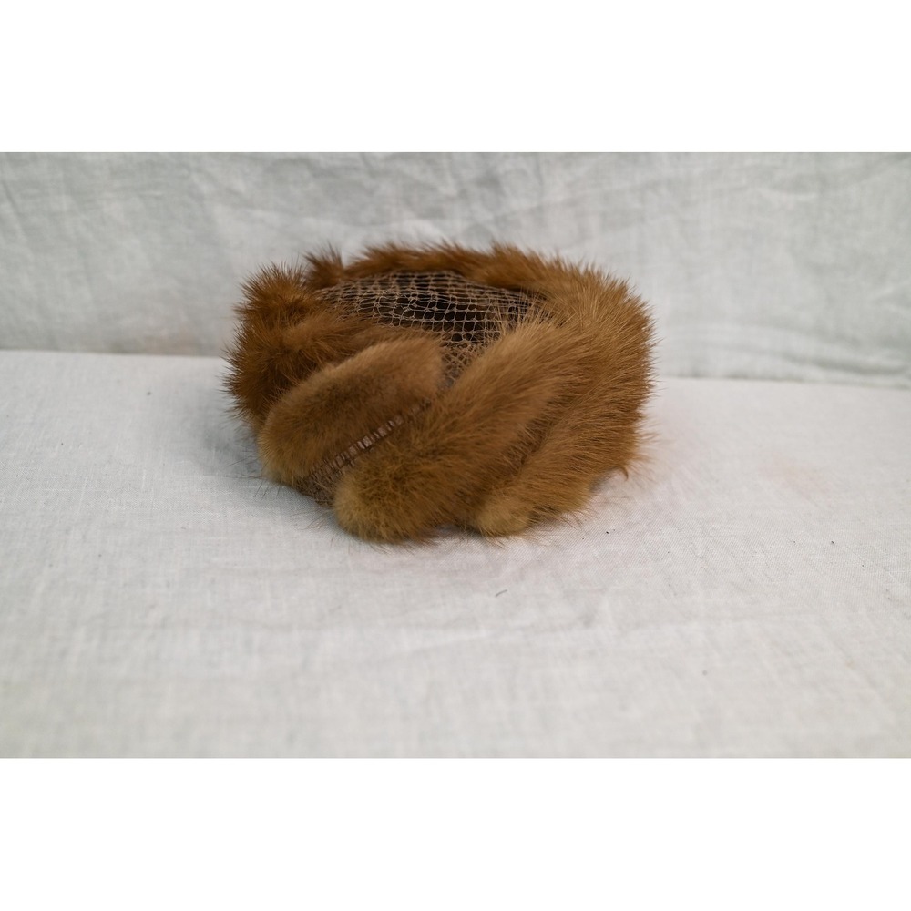 Vintage Brown Mink Fur Hat with Netting 20 Inch Circumference Pillbox Fascinator